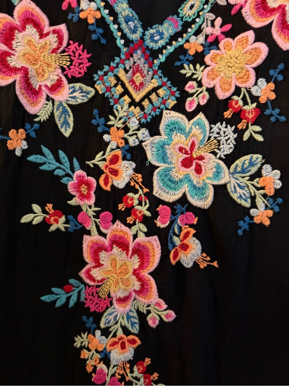 Johnny Was Black Sheer Floral Embroidered V-Neck 3/4 Sleeve Tunic Sz L - Picture 3 of 7